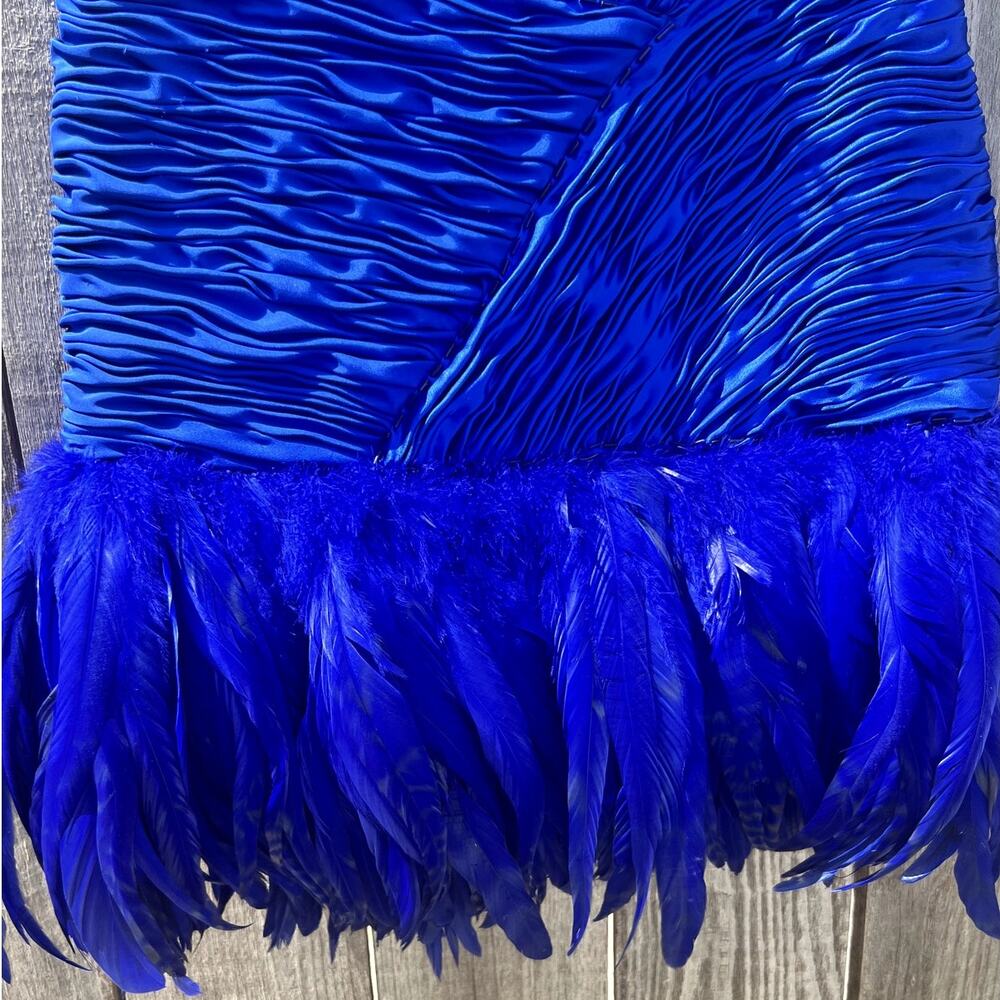 Vtg 80s Custom Made Cobalt Blue Feather Cocktail Dress Ruched Mini Showgirl S/M - Picture 4 of 10